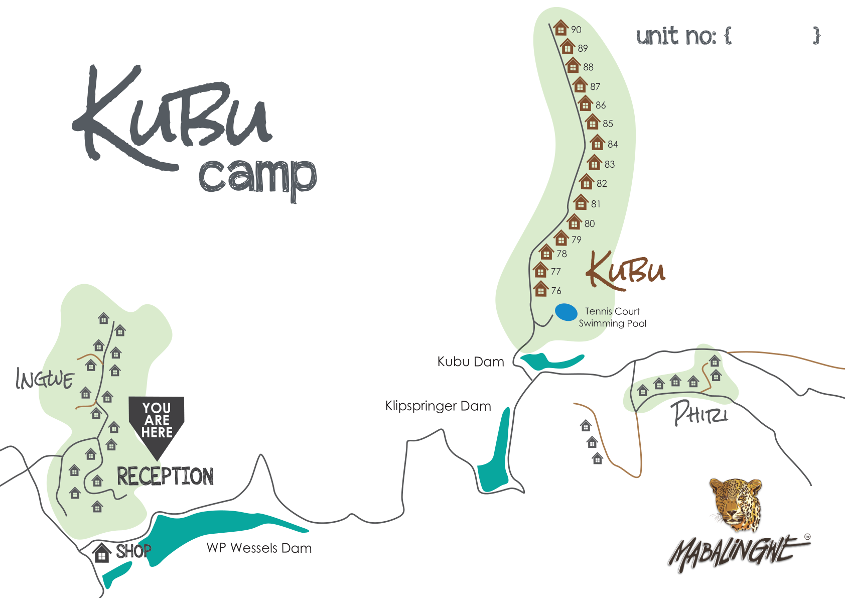 Official Mabalingwe Kubu Camp map showing units 76 to 90, the tennis court, swimming pool and nearby Kubu Dam