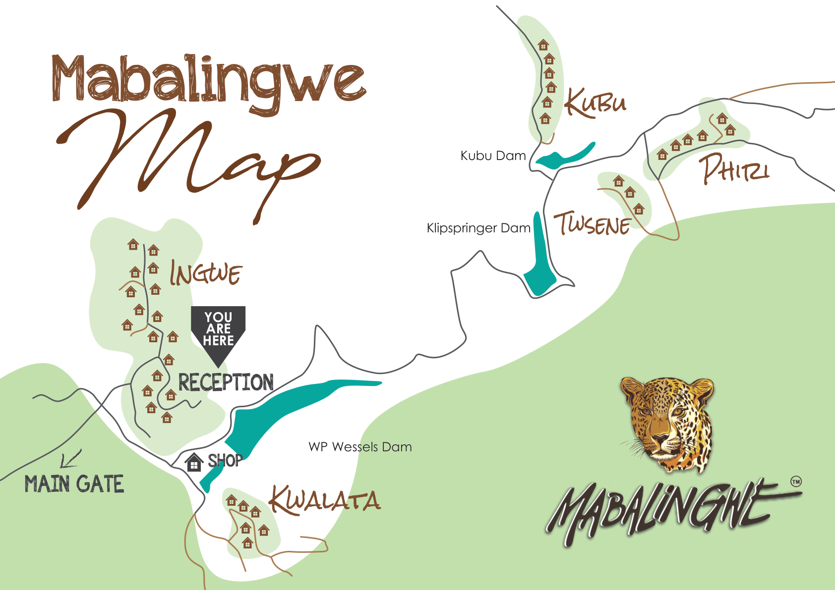 Official Mabalingwe resort map showing the main gate, reception, shop, dams and camp locations